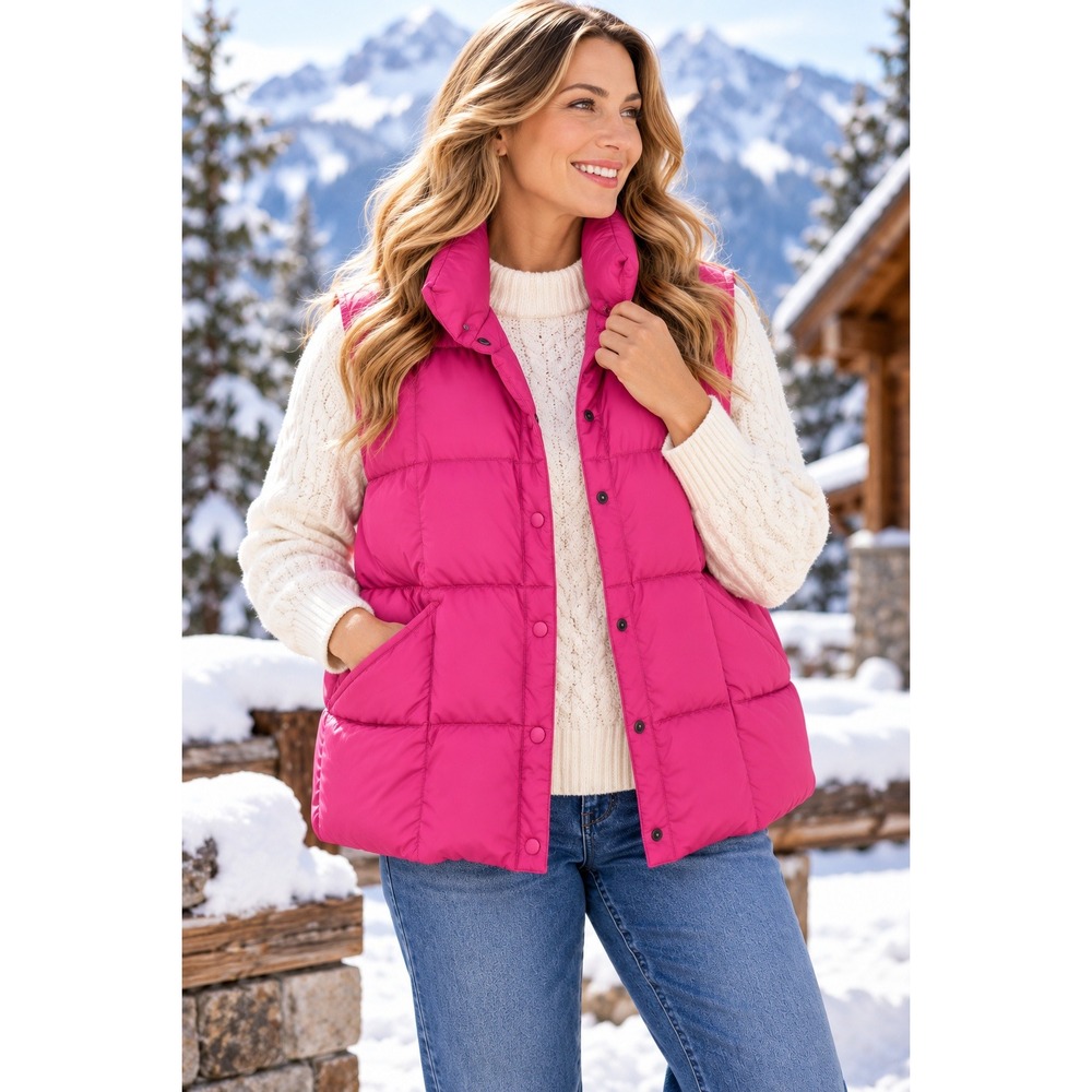 Lands' End Down Puffer Vest M 10-12 Bright Fuchsia Pink Snap Front Pockets